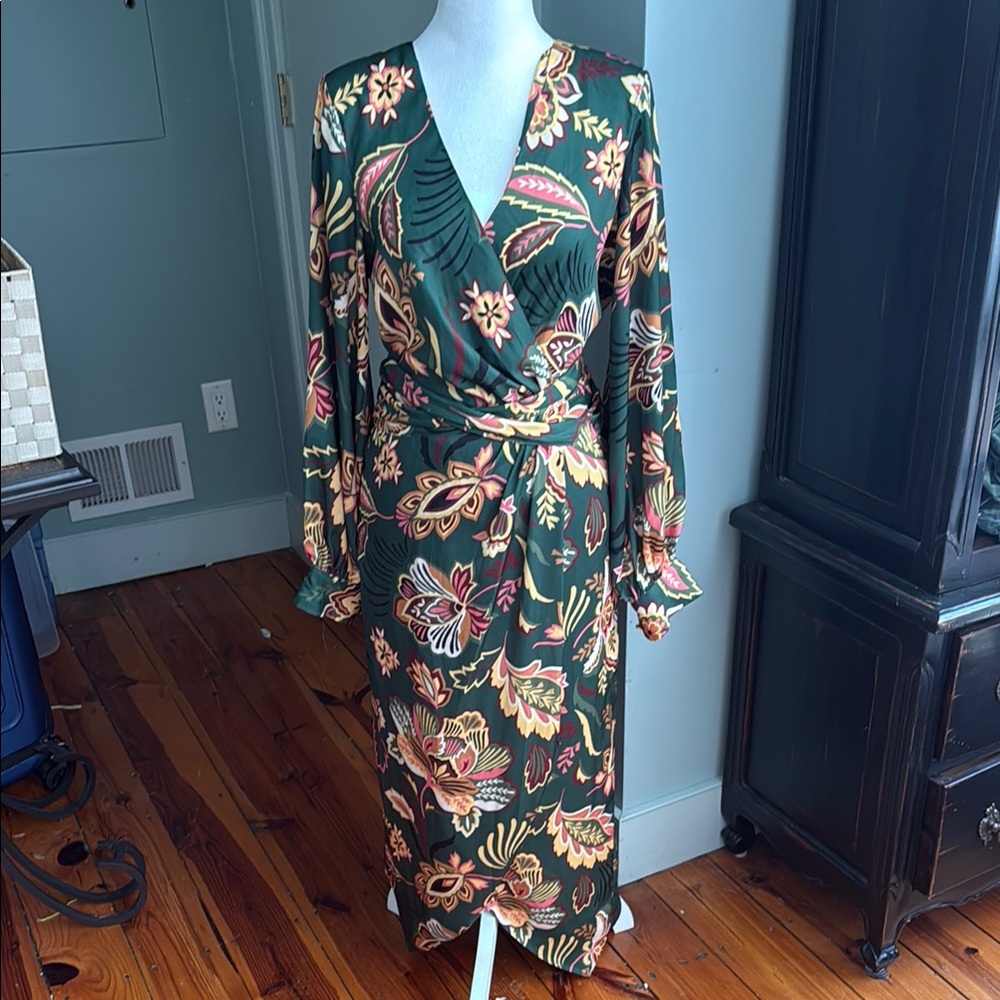 Ramy Brook Green Wrap Gown with Bishop Sleeves